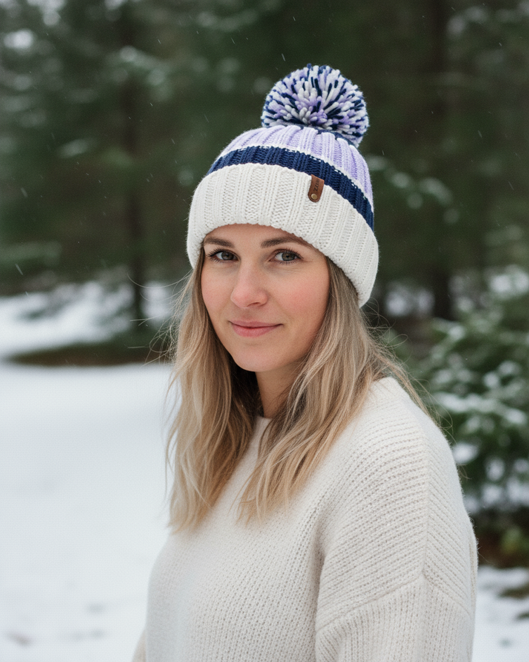 Woman wearing a white and blue striped knit hat with a pom-pom in a snowy forest setting.