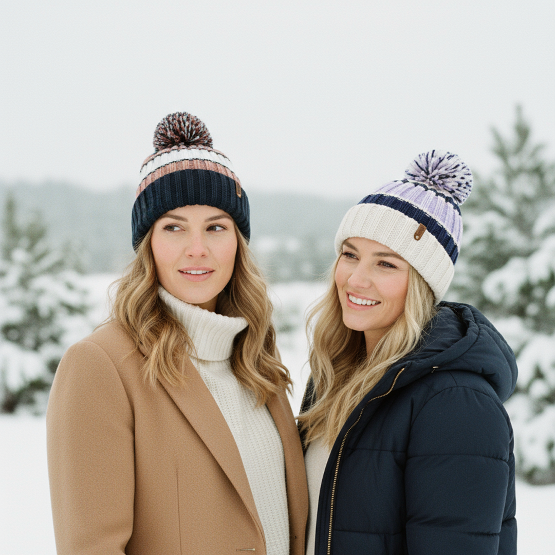 Two women wearing winter hats in a snowy landscape