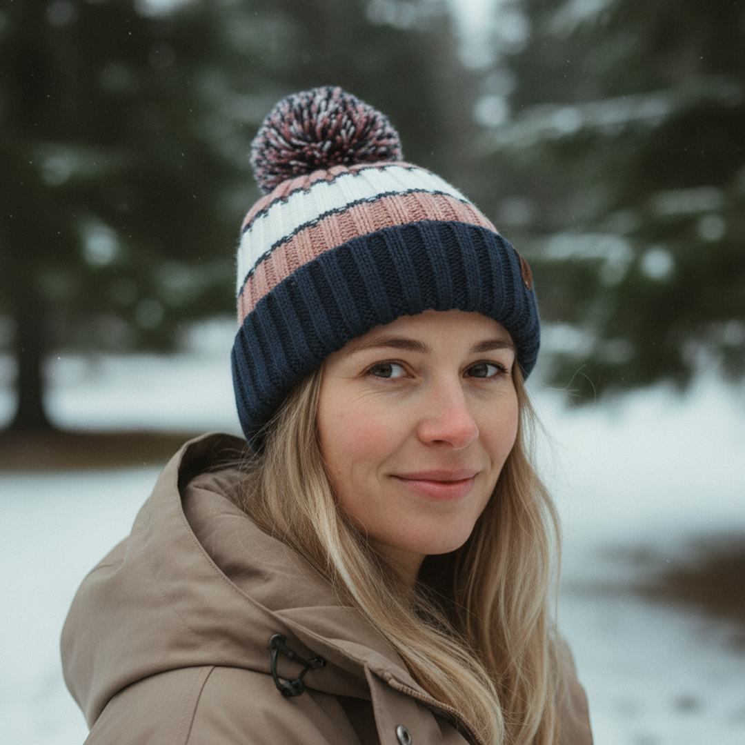 Woman wearing a striped knit hat and beige coat in a snowy outdoor setting