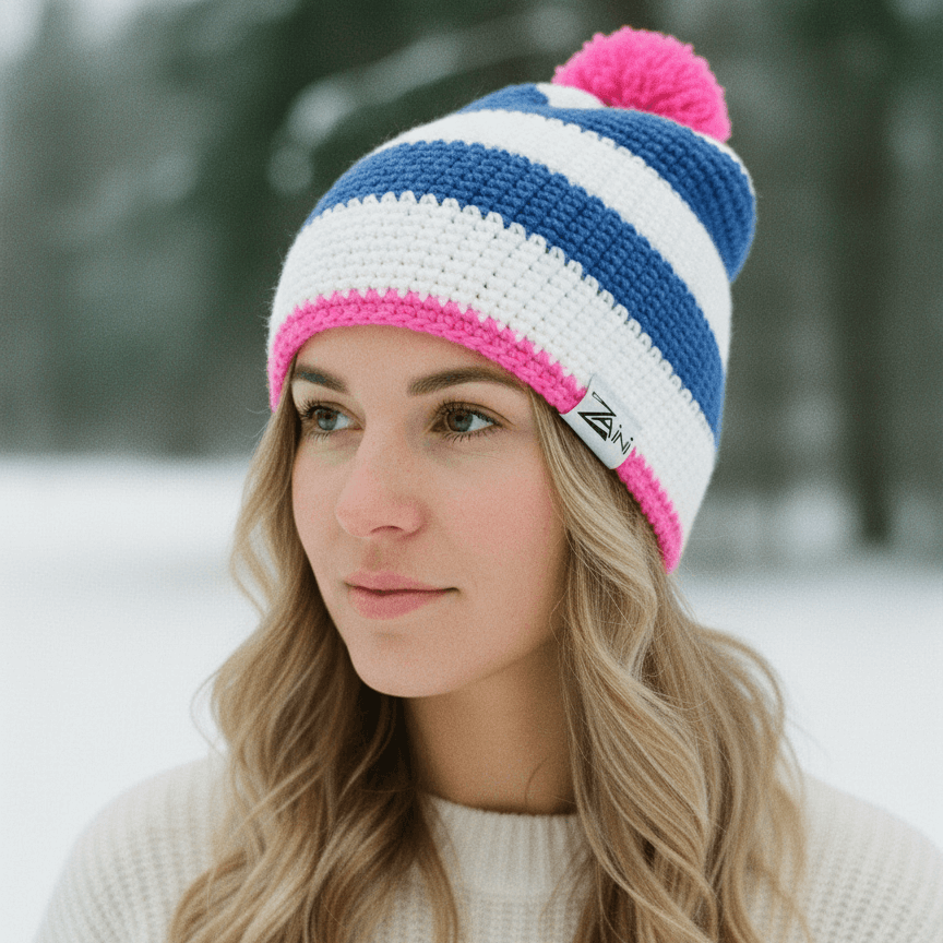 Woman wearing a colorful striped beanie in a snowy landscape