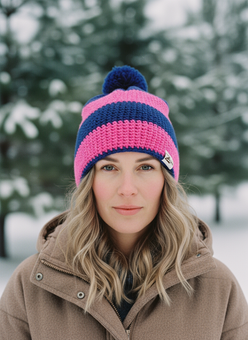 Person wearing a pink and blue striped knit hat in a snowy landscape