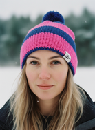 Person wearing a pink and blue knit beanie in a snowy landscape