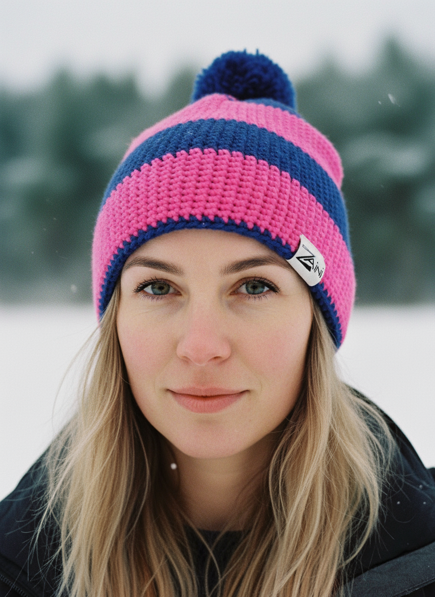 Person wearing a pink and blue knit beanie in a snowy landscape