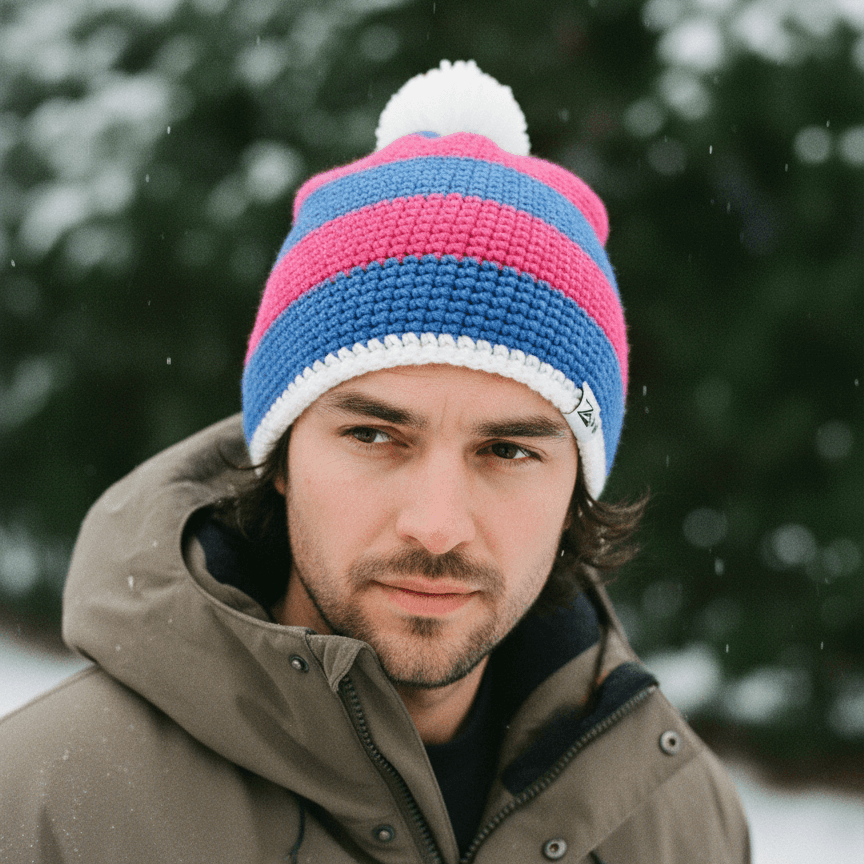 Man wearing a colourful knit beanie and winter coat in a snowy setting