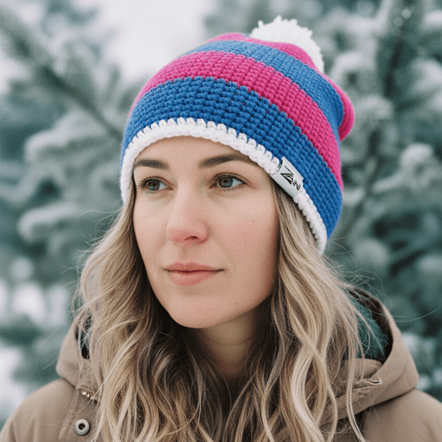 Woman wearing a colorful striped beanie in a snowy forest setting