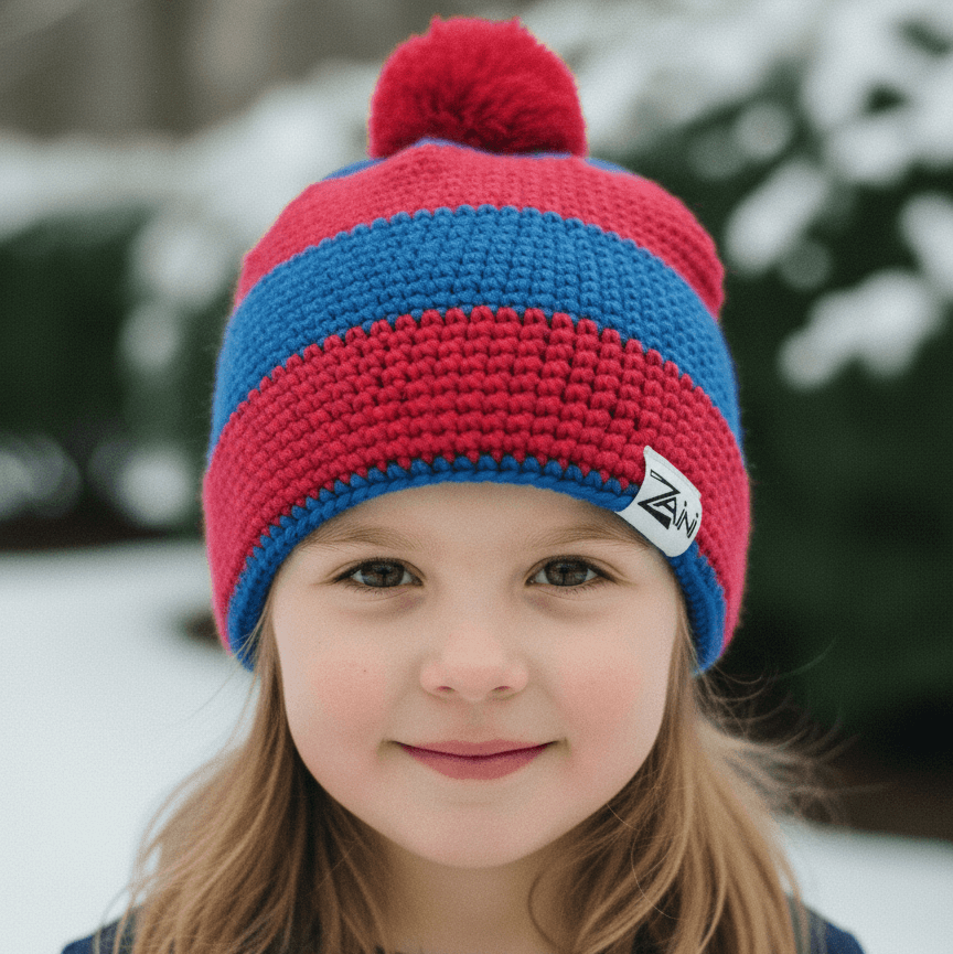 Child wearing a red and blue striped knit hat with a brand logo in a snowy background