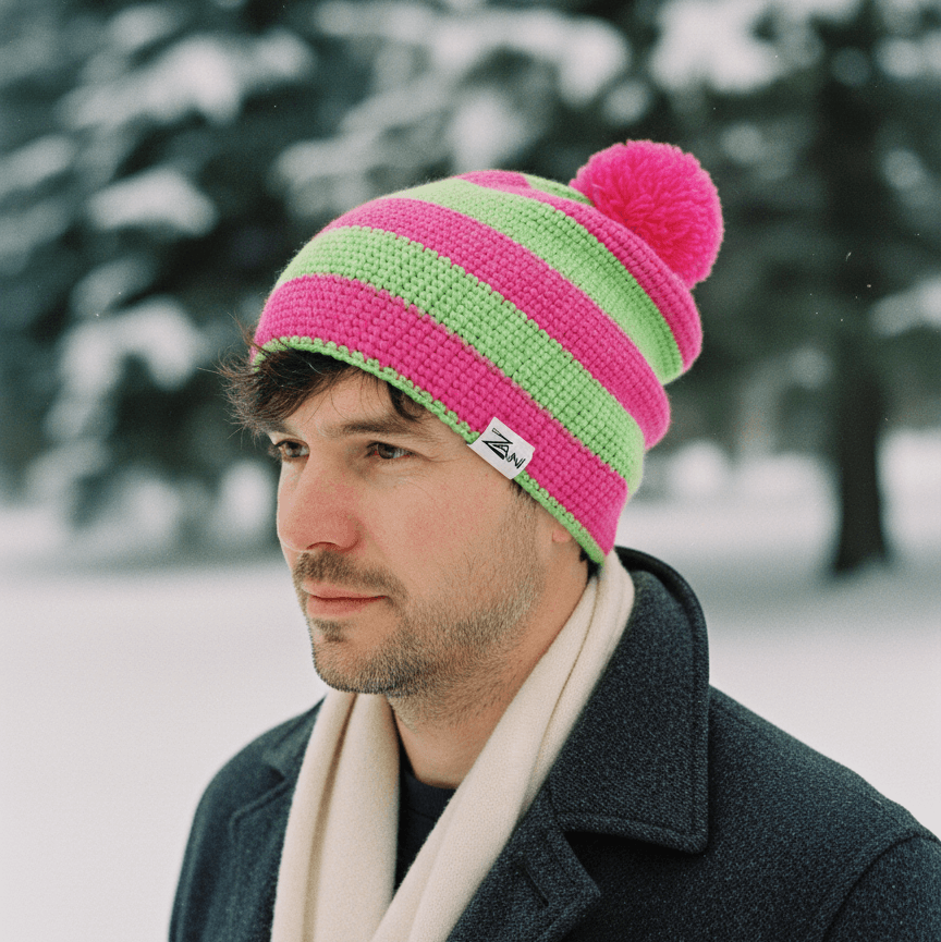 Man wearing a pink and green striped beanie with a pom-pom in a snowy landscape.