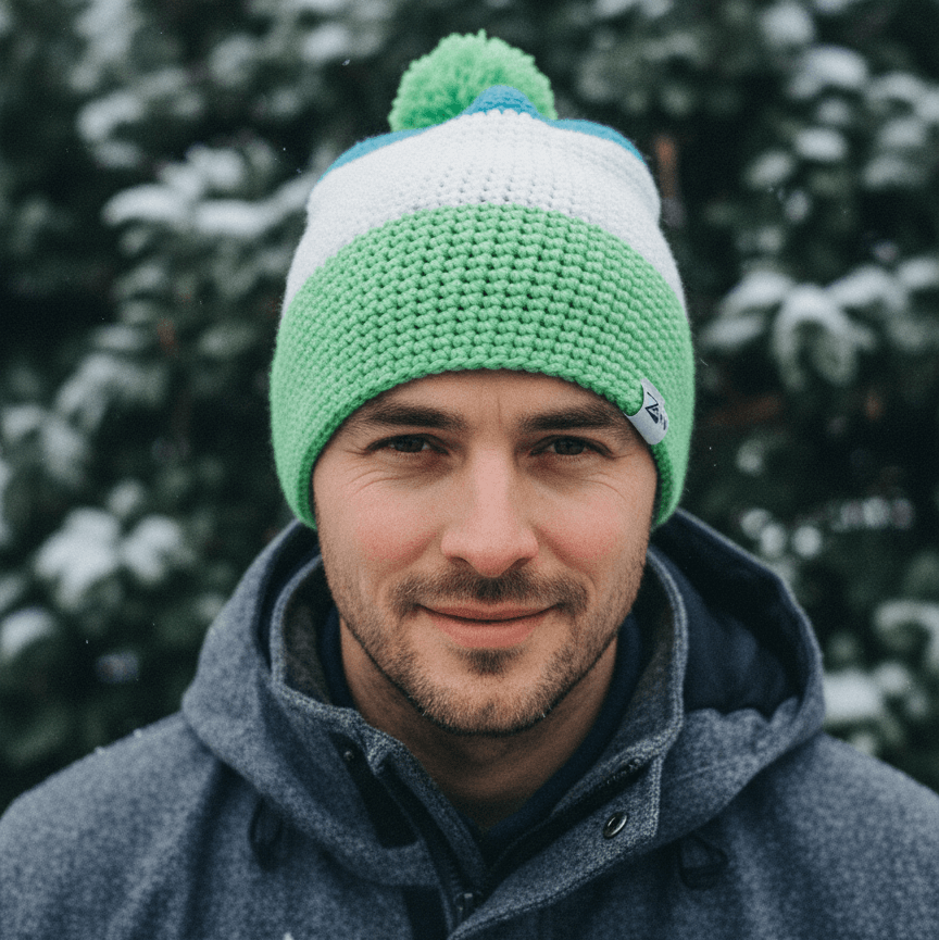 Man wearing a green and white beanie with a pom-pom in front of snow-covered trees.