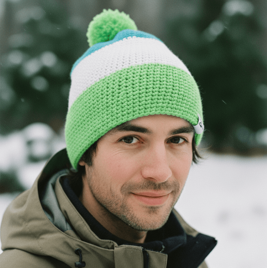Man wearing a green and white beanie with a pom-pom in a snowy forest setting