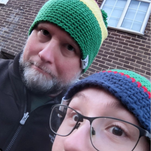 Paul and his Daughter twining in their beanies