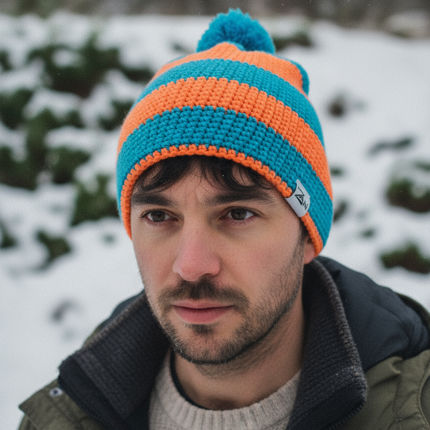 Man wearing a colorful knit beanie and winter jacket in a snowy landscape
