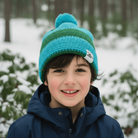 Child wearing a blue and green striped beanie with a pom-pom in a snowy forest.