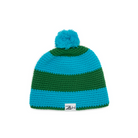 A striped blue and green bobble hat with a fleece lining, designed for children.
