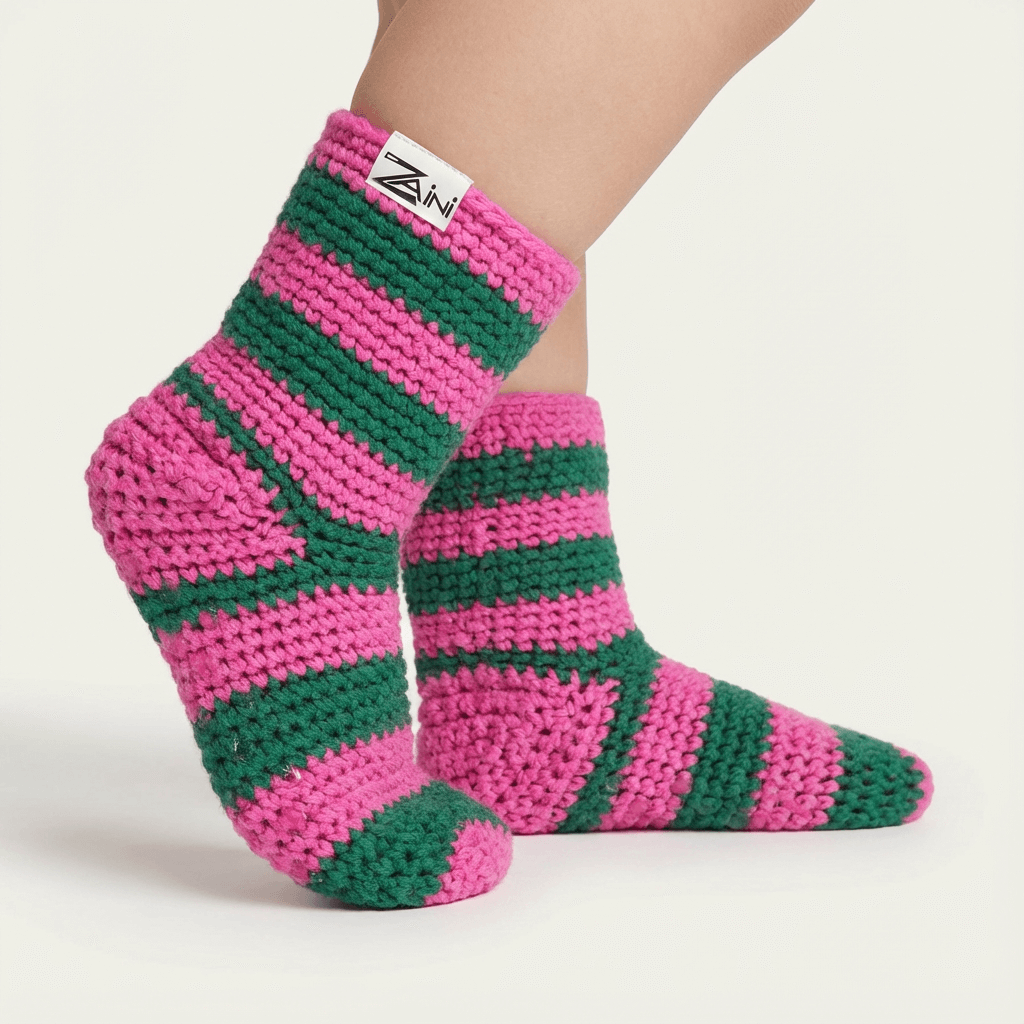 Pink and green striped socks on a light background
