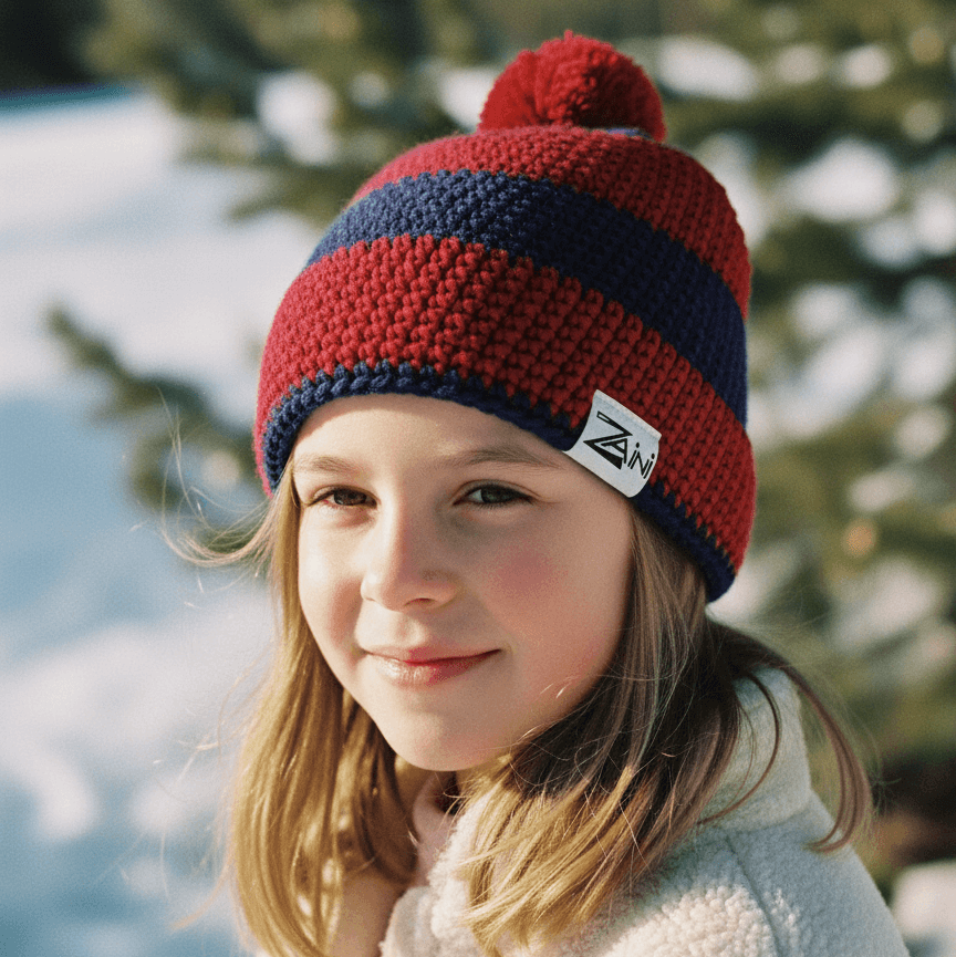 Child wearing a red and blue striped knit hat with a brand logo, standing in a snowy landscape.