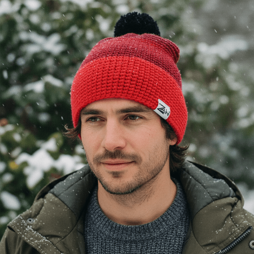 Man wearing a red knit beanie with a logo, standing outdoors in a snowy landscape.