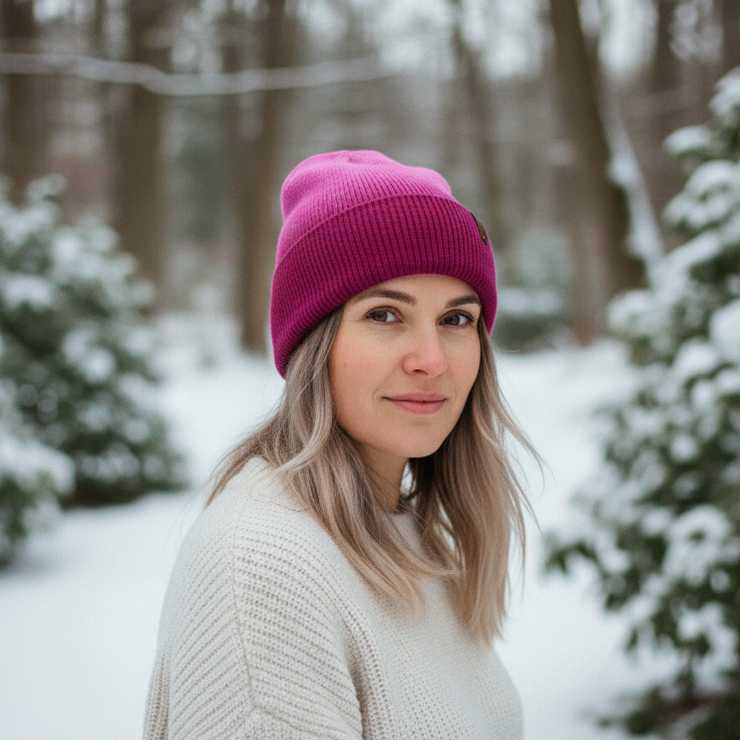 Woman wearing a pink beanie and beige sweater in a snowy forest