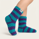Teal and purple striped socks on a white background