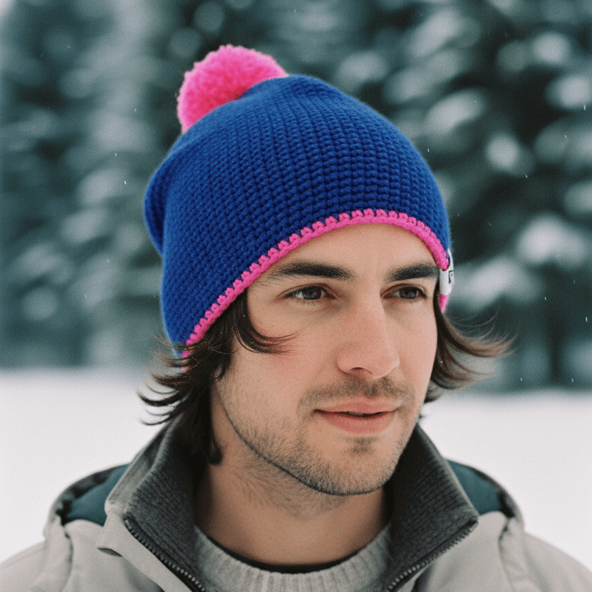 Man wearing a blue and pink beanie in a snowy forest setting