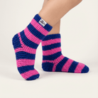 Blue and pink striped socks on a white background