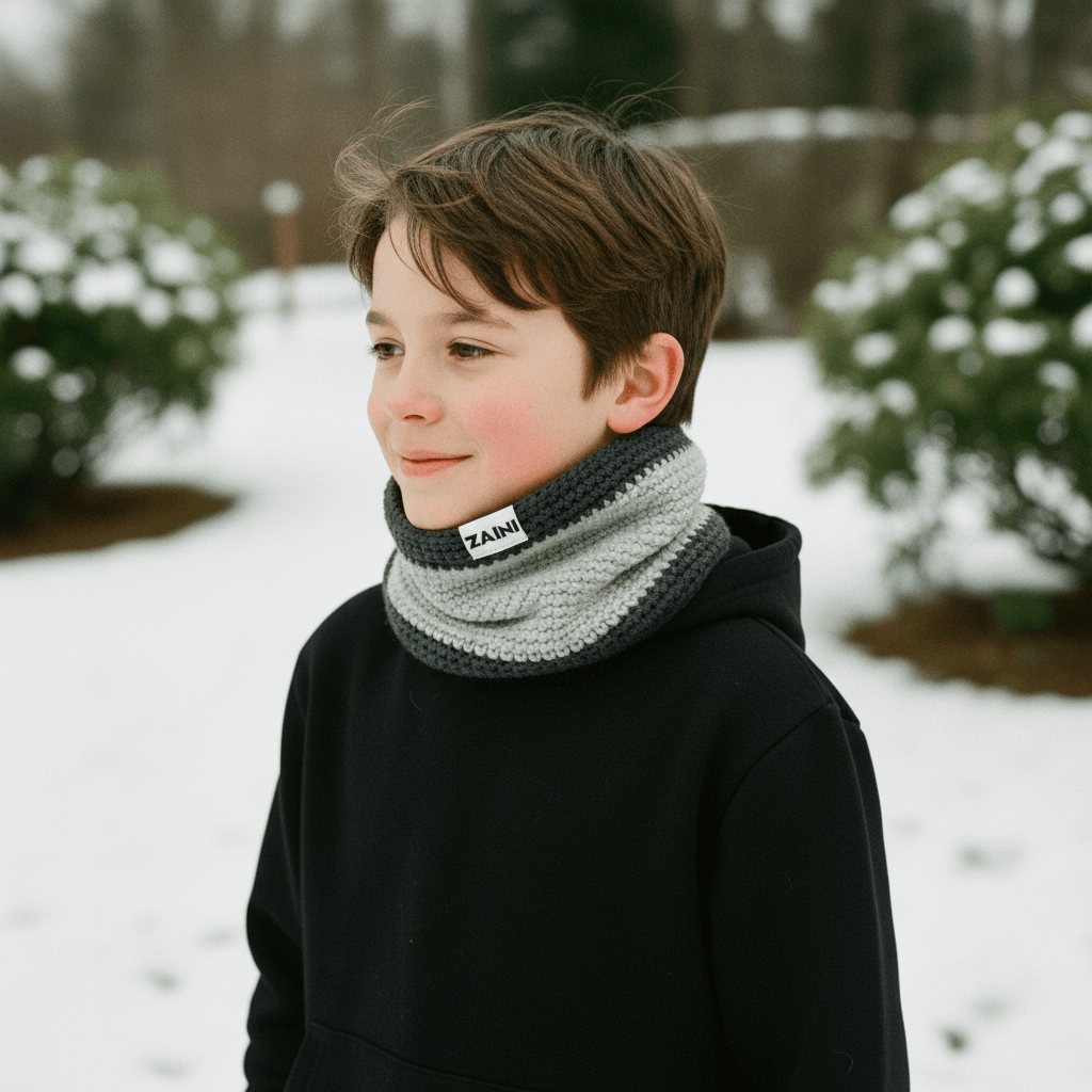 Child wearing a gray and black cowl with a brand logo in a snowy outdoor setting